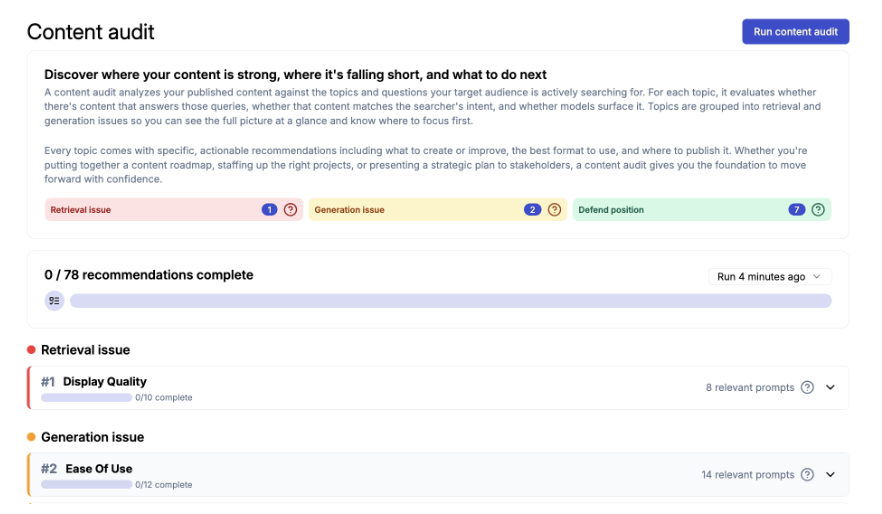 Content audit report header with retrieval, generation, and defend-position summary