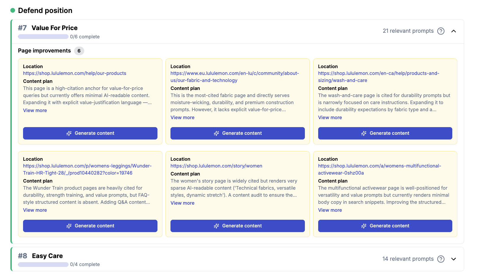 Page improvements for a topic with content plans