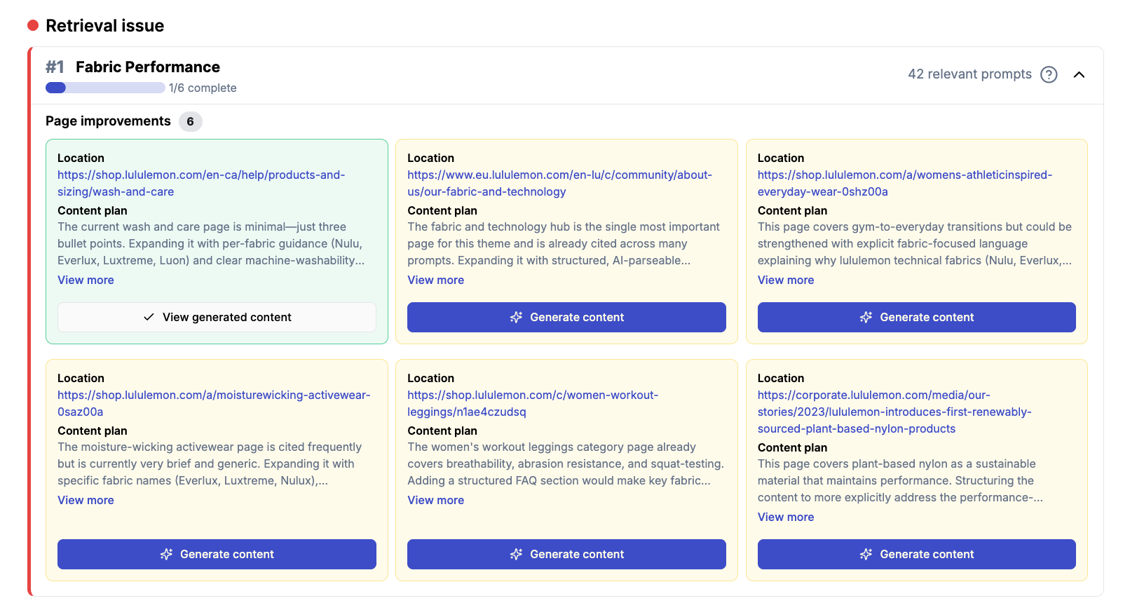Per-topic page recommendations with content plans and generate-content actions