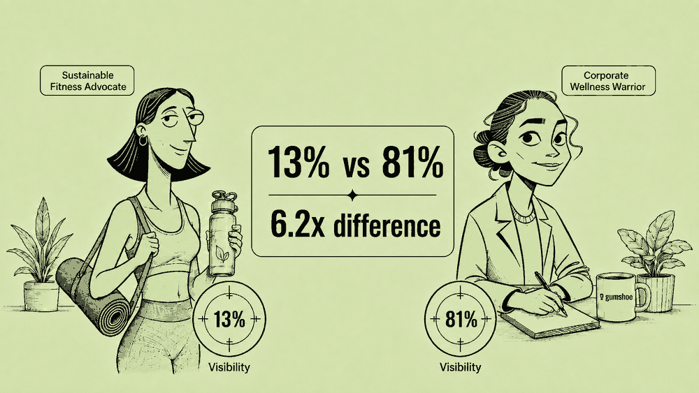 Two buyer personas side by side, a Sustainable Fitness Advocate at 13 percent visibility and a Corporate Wellness Warrior at 81 percent, a 6.2x difference for the same brand