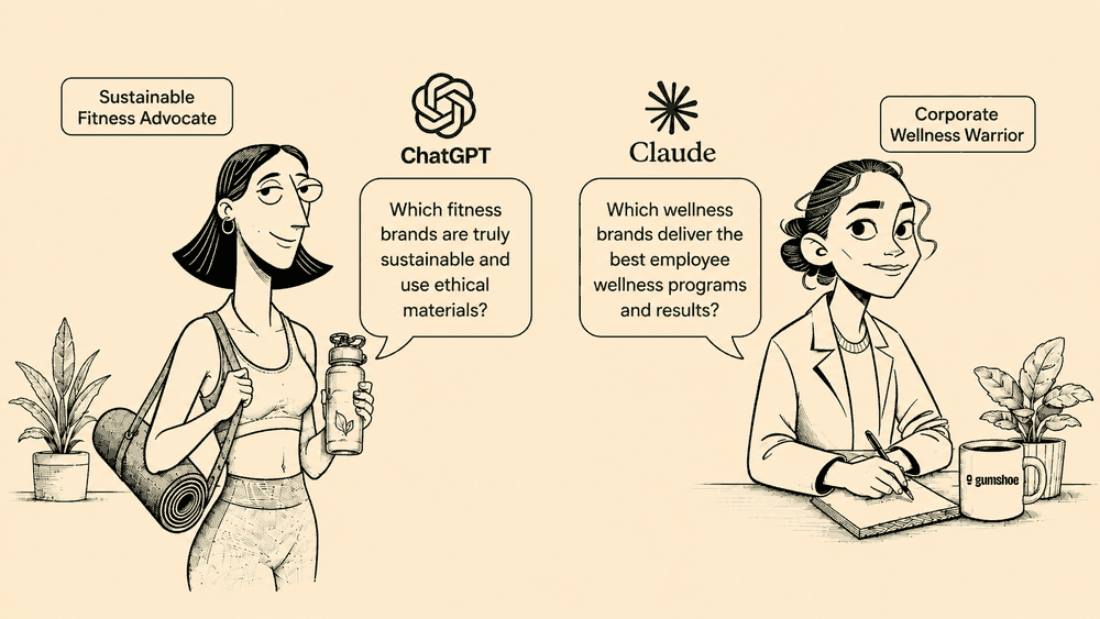 Two buyer personas asking different questions, one putting a sustainability question to ChatGPT and the other an employee wellness question to Claude